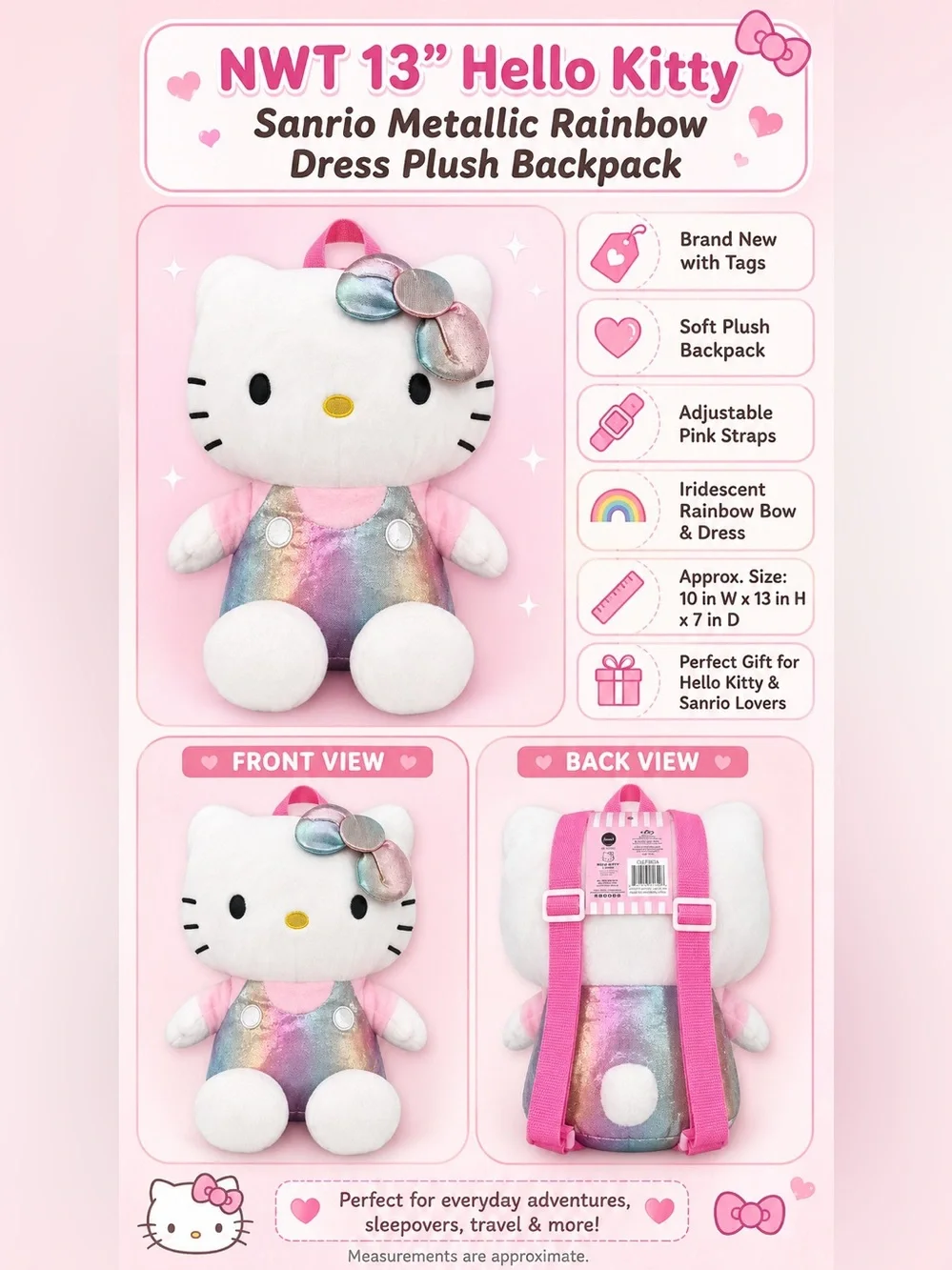 NWT Sanrio Hello Kitty 13” Iridescent Rainbow Plush Backpack